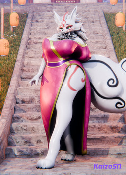 anthro asian_clothing big_breasts breasts clothing dress female looking_at_viewer markings outside slightly_chubby slightly_chubby_anthro slightly_chubby_female solo stairs standing thick_thighs wide_hips kaizosn flowzel_(modeler) amy_(kaizosn) canid canine canis mammal wolf 3d_(artwork) absurd_res digital_media_(artwork) hi_res