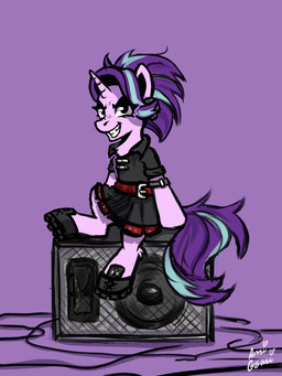alternate_hairstyle alternative_fashion belt black_eyes bottomwear clothing eyelashes female feral footwear grin hair half-closed_eyes horn looking_at_viewer narrowed_eyes pink_body punk purple_background purple_hair purple_tail shoes simple_background skirt smile solo speaker tail ami-gami friendship_is_magic hasbro my_little_pony mythology starlight_glimmer_(mlp) equid equine mammal mythological_creature mythological_equine unicorn 3:4 hi_res