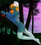 berry big_breasts blonde_hair breasts clothing daisy_(flower) female flower food fruit green_eyes hair hat headgear headwear legwear nipples not_furry outside phrygian_cap plant pubes smile smurfberry solo stockings tattoo tree wood unknown_artist the_smurfs smurfette humanoid smurf grandfathered_content