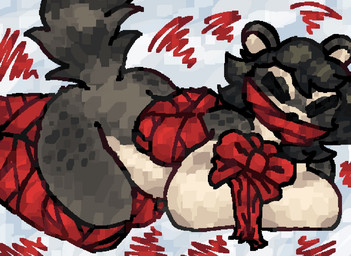 angry anthro arms_tied bdsm belly big_breasts black_hair bondage bound bow_ribbon breast_squish breasts butt eyes_closed female fluffy fluffy_tail freckled_butt freckled_shoulders freckles fur grey_body grey_fur hair holidays legs_tied markings on_ground ribbon_bondage ribbons solo squish striped_markings striped_tail stripes tail tail_markings white_belly white_body scaliescum christmas evie_(latchk3y) mammal procyonid raccoon aliasing digital_media_(artwork)