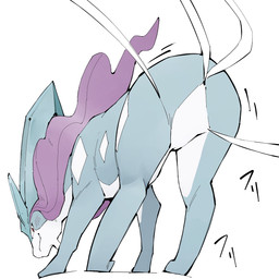 ambiguous_gender bedroom_eyes blue_body blue_fur blush blush_lines butt countershade_face countershade_neck countershade_torso countershading featureless_crotch feral fur inviting looking_back mane markings multicolored_body multicolored_fur narrowed_eyes null on_model paws presenting presenting_hindquarters purple_mane quadruped rear_view red_eyes seductive simple_background smile solo standing text three-quarter_view white_background white_body white_countershading white_fur white_markings youjomodoki nintendo pokemon canid generation_2_pokemon legendary_pokemon mammal pokemon_(species) suicune 1:1 2022 digital_media_(artwork) hi_res japanese_text shaded simple_shading
