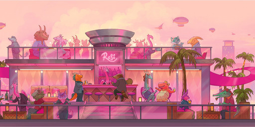 aircraft airship anthro bar bartender beverage bottle brown_body building city clothing cloud container detailed_background evening female fence furniture green_body group holding_beverage holding_object hoodie horn lamp male outside palm_tree plant restaurant sign sitting smile table tail topwear tree vehicle sandara critter_kitchen mythology avian bovid canid caprine dragon felid goat mammal mythological_creature mythological_scalie scalie 2025 hi_res official_art