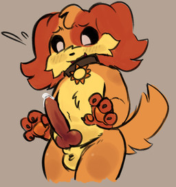 animal_genitalia animal_penis anthro balls black_eyes blush blush_lines bodily_fluids canine_genitalia canine_penis claws collar countershading erection floppy_ears flustered fur genital_fluids genitals knot knotted_penis leaking_precum male orange_body orange_fur orange_tail paws penis precum red_ears red_paws red_penis solo tail wearing_collar artienvy mob_entertainment poppy_playtime smiling_critters dogday_(poppy_playtime) canid canine canis domestic_dog mammal hi_res
