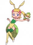 antennae_(anatomy) blonde_hair blue_eyes blush clothing cosplay duo eyelashes female footwear hair high_heels human_focus leotard lingerie looking_at_viewer not_furry_focus open_mouth shoes short_hair simple_background teddy_(clothing) white_background young nollety nintendo pokemon bonnie_(pokemon) arthropod generation_5_pokemon human insect mammal pokemon_(species) sewaddle