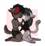 anthro black_hair black_pawpads blush bottomwear brown_body brown_fur chest_tuft clothed clothing collar duo female fur grey_body grey_fur hair hand_holding heart_symbol hoodie inner_ear_fluff kissing kneeling male male/female panties pawpads pink_clothing pink_panties pink_pawpads pink_underwear red_hair shorts simple_background spots topwear tuft underwear young aggie_(artist) domestic_cat felid feline felis hyena mammal spotted_hyena 2018 digital_media_(artwork) hi_res