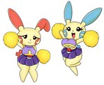 anthro big_ears black_eyes bottomwear breasts clothing duo female generation_3_pokemon minun nintendo plusle pokeball pokemon pokemon_(species) pom_poms purple_clothing shirt simple_background skirt tail thick_thighs topwear urusee584 white_background yellow_body