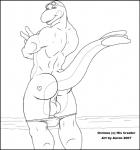 anthro back_muscles backsack balls biceps black_bars butt clothed clothing eyewear fin genitals gesture goggles hand_gesture heart_symbol long_tail looking_at_viewer looking_back male muscular muscular_anthro muscular_male partially_clothed perineum rear_view saggy_balls smile solo standing swimming_goggles tail tail_fin tattoo thick_tail v_sign aaron_(artist) orcinus cetacean dolphin mammal marine oceanic_dolphin orca toothed_whale 2007 black_and_white digital_media_(artwork) letterbox line_art monochrome