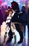 anthro boots brown_body brown_hair clothing femboy footwear freckles garter_straps gloves gun hair handwear horn latex leotard male markings pink_eyes ranged_weapon shoes solo spots spotted_markings suit weapon shudayuda bovid bovine cattle mammal absurd_res hi_res