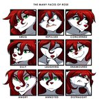 2020 angry annoyed anthro blep blush bodily_fluids canid canine canis clenched_teeth conditional_dnp crying disgust english_text eyes_closed female fur green_eyes grin hair keidran laugh looking_aside looking_at_viewer mammal model_sheet red_hair roselyn_(twokinds) smile smirk solo stare tears teeth text tom_fischbach tongue tongue_out twokinds white_body white_fur wolf worried