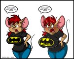 anthro batman_logo big_breasts black_border blush border bottomwear breasts buckteeth clothing female green_eyes hair huge_breasts markings mole_(marking) open_mouth pants red_hair shirt solo speech_bubble teeth text thick_thighs topwear dutch_(artist) batman_(series) dc_comics misty_the_mouse misty_(dutch) mammal mouse murid murine rodent 2014 2022 5:4 digital_media_(artwork) english_text redraw