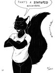 anthro black_body black_fur black_hair bottomless buckteeth clothed clothing crossed_arms dialogue eyes_closed female fur genitals hair lisp melanistic open_mouth pussy shirt solo t-shirt teeth topwear cybercorn_entropic inktober no_nut_november the_futter_club cassidy_woods grey_squirrel mammal rodent sciurid tree_squirrel 2023 3:4 black_and_white meme monochrome