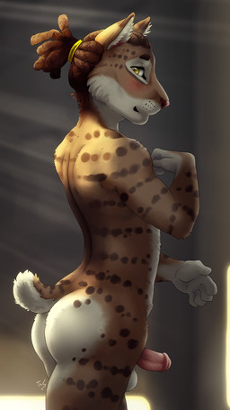 5_fingers anthro balls blush butt dreadlocks fingers genitals looking_at_viewer male nude penis solo yellow_eyes noviraine nomad_(tasanko) abyssinian_cat domestic_cat eurasian_lynx felid feline felis hybrid lynx mammal spotted_tabby 9:16