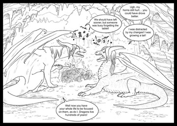 ambiguous_gender angry black_border border cave claws dialogue digitigrade duo eyes_closed feral finger_claws fire grass hair horn long_hair looking_at_another lying membrane_(anatomy) membranous_wings on_front open_mouth plant quadruped sharp_teeth sitting snout speech_bubble tail teeth text thick_tail toe_claws tongue tree wing_claws wings rivalmit european_mythology mythology dragon mythological_creature mythological_scalie scalie western_dragon comic english_text line_art monochrome