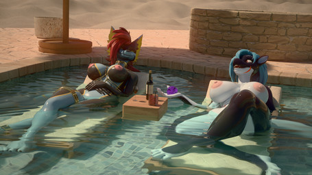 anthro big_breasts blue_hair breasts chair clothed clothing crossed_legs duo female furniture hair holding_slime jewelry looking_at_another lounge_chair multicolored_body nipples orange_eyes purple_slime red_hair relaxing swimming_pool talking_to_another topless two_tone_body water wet yellow_eyes cilenomon valorlynz_(modeler) mirova_(cilenomon) zea_nalya aquatic cetacean dolphin fish mammal oceanic_dolphin orca shark toothed_whale 16:9 4k absurd_res hi_res widescreen