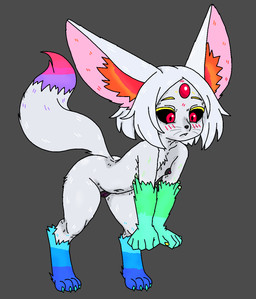 animal_genitalia anthro black_sclera crystal female fur gem genitals grey_body grey_fur rainbow_colors red_eyes solo real_lady_valentine mythology canid canine fennec_fox fox mammal mythological_carbuncle mythological_creature true_fox hi_res