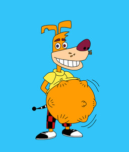 anthro belly big_belly blue_eyes clothing fur grin hands_behind_back heterochromia kick looking_at_viewer male navel notched_ear orange_body orange_fur outie outie_navel pregnant pregnant_male red_eyes shirt smile solo topwear yellow_clothing yellow_shirt yellow_topwear supermariofann1 mayternity mayternity_2025 moxy_(the_moxy_show) canid canine canis domestic_dog mammal 2025 hi_res tagme