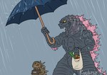 duo feral grocery_bag holding_object holding_umbrella male muscular open_mouth raining scales sharing_umbrella simple_background size_difference spikes spikes_(anatomy) spines umbrella wet ruubeszdraws godzilla_(series) monsterverse toho godzilla dinosaur kaiju prehistoric_species reptile scalie hi_res