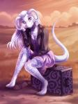 2017 anthro biped bottomwear bow_dress breasts claws clothed clothing curved_horn dragon elegance_(aimlesswaves) eyebrows female furgonomics hair hitchhiking horn jacket looking_at_viewer mythological_creature mythological_scalie mythology non-mammal_breasts purple_eyes scalie shinyshine sitting skirt smile solo suitcase sunset tail tail_through_skirt toe_claws topwear white_body white_hair white_skin