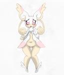 anthro blush breasts chest_tuft curls female fur gesture looking_at_viewer navel pokemorph red_eyes simple_background slightly_chubby solo swirls tuft waving wide_hips bit-small nintendo pokemon generation_6_pokemon mega_audino mega_evolution pokemon_(species) absurd_res hi_res