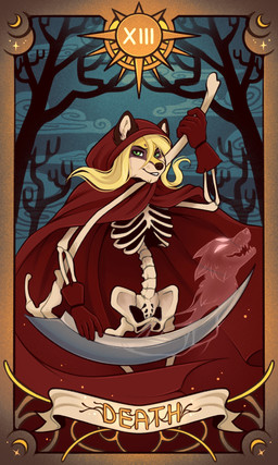 5_fingers anthro biped bone card clothed clothed_anthro clothed_male clothing death_(tarot) fingers front_view fur gloves hair handwear looking_at_viewer major_arcana male skeleton smile solo tarot tarot_card teeth ulna_moon canid canine fox mammal hi_res