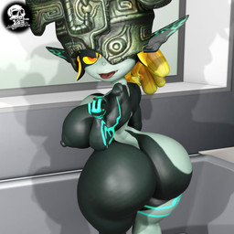 bathroom bathtub beckoning big_breasts big_butt black_body breasts butt claws clothing female fingers fused_shadow gesture hair hand_gesture headgear headwear looking_at_viewer looking_back nipples not_furry nude orange_eyes pointing red_eyes shortstack shortstack_female solo standing thick_thighs tongue tongue_out white_body smokedaddy nintendo the_legend_of_zelda twilight_princess midna demon humanoid imp twili 1:1 3d_(artwork) blender_(artwork) digital_media_(artwork) hi_res