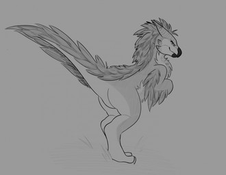 ambiguous_gender feathers featureless_crotch feral horn looking_at_viewer looking_back smile smiling_at_viewer solo tail tail_feathers frassed capcom monster_hunter bird_wyvern seikret hi_res monochrome