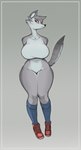 anthro big_breasts biped blue_clothing blue_legwear breasts cheek_tuft clothed clothing collarbone countershade_face countershade_legs countershade_tail countershade_torso countershading facial_tuft featureless_breasts featureless_crotch female footwear frown fur gradient_background grey_background grey_body grey_countershading grey_fur grey_tail hands_behind_back inner_ear_fluff knee_highs knock-kneed legwear multicolored_body navel partially_clothed purple_nose raised_tail red_clothing red_eyes red_footwear red_shoes shoes simple_background solo standing tail tuft two_tone_body two_tone_tail wide_hips ricksteubens canid canine canis mammal wolf 2021 absurd_res digital_media_(artwork) full-length_portrait hi_res huge_filesize portrait