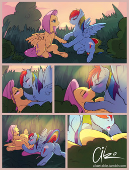 anus blue_body blue_feathers blue_fur blush bodily_fluids cunnilingus cutie_mark duo eyes_closed feathered_wings feathers female female/female feral fur genital_fluids genitals grass green_eyes hair half-closed_eyes hooves multicolored_hair narrowed_eyes oral outside pink_hair plant purple_eyes rainbow_hair raised_tail romantic romantic_ambiance romantic_couple seductive sex sunset tail teats text tree vaginal vaginal_fluids vulva wings yellow_body yellow_fur aiko_stable friendship_is_magic hasbro my_little_pony mythology fluttershy_(mlp) rainbow_dash_(mlp) equid equine mammal mythological_creature mythological_equine pegasus 2015 hi_res url