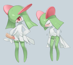 blush bodily_fluids bottomwear clitoral_hood clothing cum cum_in_clothing cum_in_pants cum_in_partner's_clothing cum_smuggling disembodied_penis duo ejaculation female genital_fluids genitals green_bottomwear green_clothing green_hair green_pants grey_background hair humanoid_genitalia humanoid_penis male male/female pants penis red_eyes simple_background tongue white_body young young_female tosx nintendo pokemon generation_3_pokemon humanoid kirlia pokemon_(species)