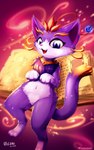 2020 anthro artist_name barefoot biped book chest_tuft dated digital_media_(artwork) eyelashes feet felid feline female fur gold_(metal) gold_jewelry hi_res hindpaw jewelry league_of_legends looking_at_viewer lunesnowtail mammal navel open_mouth paws pink_nose purple_body purple_eyes purple_fur red_tongue riot_games shaded solo tail text tongue tuft unknown_text yuumi_(lol)