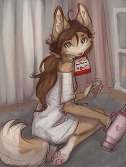 anthro biped cellphone clothed clothed_anthro clothed_female clothing electronics female fingers fur hair inside kneeling looking_at_viewer phone rear_view smartphone solo tail yshanii cotton_(yshanii) canid canine canis dingo mammal 2025 3:4 digital_drawing_(artwork) digital_media_(artwork) hi_res