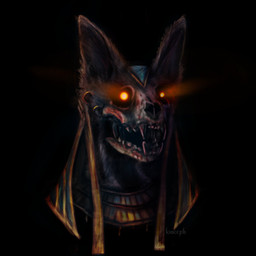 ambiguous_gender anterior_nasal_aperture anthro black_background black_body black_ears black_fur bone clothing creepy ear_piercing ear_ring egyptian egyptian_clothing egyptian_headdress fangs front_view fur glowing glowing_eyes nemes_(clothing) no_pupils open_mouth orange_eyes orange_glow piercing pointy_ears prick_ears ring_piercing simple_background skull skull_head solo teeth text usekh louceph egyptian_mythology middle_eastern_mythology mythology anubis anubian_jackal canid canine canis deity jackal mammal 1:1 2019 artist_name colored digital_media_(artwork) digital_painting_(artwork) headshot_portrait hi_res painting_(artwork) portrait