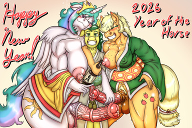 alcohol animal_genitalia animal_penis anthro asian_clothing balls beverage big_penis bodily_fluids breasts bubble butt clothing cutie_mark drunk drunk_bubble east_asian_clothing equine_genitalia equine_penis freckled_breasts freckled_butt freckled_face freckled_shoulders freckles frottage genital_fluids genitals holidays intersex japanese_clothing kimono leaking_precum male muscular muscular_arms muscular_thighs nipple_slip nipples one_breast_out overweight overweight_intersex penile penis penises_touching precum pubes sake sake_bottle sex substance_intoxication text vein veiny_penis wardrobe_malfunction wings korncob friendship_is_magic hasbro my_little_pony mythology applejack_(mlp) korn_cob princess_celestia_(mlp) equid equine mammal mythological_creature mythological_equine pegasus 3:2 hi_res