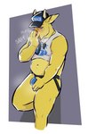 abstract_background american_football anthro baseball_cap blush bodily_fluids bulge bulge_fondling clothing coach crop_top fur genital_fluids hat headgear headwear horn jockstrap jockstrap_sniffing locker_bench male midriff precum precum_through_clothing precum_through_jockstrap shirt sniffing sniffing_clothes solo sport text text_on_clothing text_on_topwear topwear underwear underwear_sniffing wet wet_clothing whistle_(object) yellow_body yellow_fur nasties95 dj_strap cervine deer mammal muntjac absurd_res hi_res