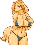 anthro big_breasts bikini breasts brown_body brown_eyes brown_fur brown_hair cleavage clothed clothing female fluffy fluffy_tail fur hair hand_on_breast kemono looking_at_viewer mature_anthro mature_female navel open_mouth simple_background solo standing swimwear tail two-piece_swimsuit white_background kazuhiro canid canine canis domestic_dog mammal