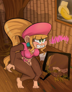 4_toes anthro blonde_hair bottomless bottomless_anthro bottomless_female breasts brown_body brown_fur butt cleavage clothed clothing feces feet female female_pooping fur genitals green_eyes hair pooping smelly solo straining toes toilet toilet_use vulva lewdpunch donkey_kong_(series) donkey_kong_bananza nintendo dixie_kong haplorhine kong mammal monkey primate 2025 hi_res