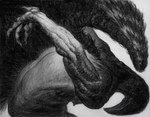 anthro clothed clothing feathered_wings feathers looking_down muscular muscular_anthro outstretched_arm simple_background solo topless white_background wings atlchirico avian bird corvid corvus_(genus) demon oscine passerine raven 2019 charcoal_(artwork) hi_res traditional_media_(artwork)