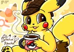 anthro beverage brown_eyes clothing coffee container cup hat hat_only headgear headgear_only headwear headwear_only male mostly_nude solo tail yellow_body lewdchuu_(artist) nintendo pokemon detective_pikachu generation_1_pokemon pikachu pokemon_(species) hi_res