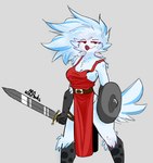 anthro beak belt blue_body blue_feathers blue_hair breasts buckler clothing dress eye_through_hair feathers female grey_background hair holding_melee_weapon holding_object holding_shield holding_sword holding_weapon legband looking_at_viewer medium_breasts melee_weapon messy_hair no_irises non-mammal_breasts pelvic_curtain red_clothing red_dress scuted_arms scuted_legs scutes shield simple_background solo standing sword tail tail_feathers thighband translucent translucent_hair weapon ara_squawks arathemacaw tyra_(arathemacaw) avian bird owl 2024 absurd_res artist_name digital_media_(artwork) hi_res portrait three-quarter_portrait