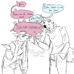 angry anthro argument biped clothed clothing dialogue duo eyewear fully_clothed fur glasses grumpy long_fur male male/male scarf size_difference text tired_eyes xphantomk fan_character radium_(xphantomk) thymir_(xphantomk) canid canine canis coati mammal procyonid wolf 1:1 digital_drawing_(artwork) digital_media_(artwork) hi_res portuguese_text sketch sketch_page spanish_text translated