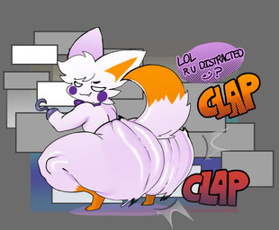 ambiguous_gender anthro ass_clapping big_butt biped black_text butt cheek_spots clap_(sound_effect) closed_smile crouching dialogue empty_eyes eyebrows fluffy fluffy_tail fur hair hook hook_hand looking_at_viewer looking_back motion_lines mouth_closed nude one_eye_obstructed purple_cheeks question_mark smile solo sound_effects speech_bubble tail text twerking cofficremer five_nights_at_freddy's five_nights_at_freddy's_world five_nights_at_frickbear's_(series) five_nights_at_frickbear's_3 scottgames lolbit_(fnaf) lolbit_(frickbear's) canid canine fox mammal 2026 absurd_res english_text hi_res