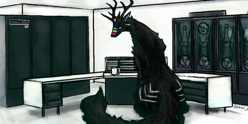 4_ears ambiguous_gender antlers black_antlers black_body black_fur blue_markings computer container cup desk detailed_background electronics feral fluffy fluffy_tail fur furniture green_markings horn looking_at_viewer markings mug multi_ear purple_markings red_markings sitting solo table tail tape_drive white_markings yellow_markings gummi_art mythology rafa-br34 dragon furred_dragon furred_scalie mythological_creature mythological_scalie scalie signature male_(lore)