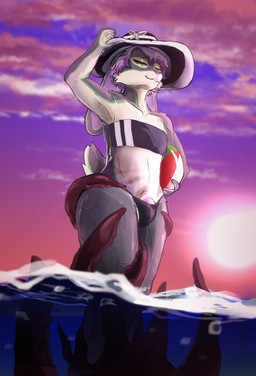 ambiguous_gender anthro ball beach beach_ball bedroom_eyes biped clothing detailed_background eyelashes front_view genitals grabbing green_eyes grey_body hair hat headgear headwear inflatable looking_at_viewer low-angle_view machine male narrowed_eyes one-piece_swimsuit outside partially_submerged paws penis penis_base pose postcard public puppet_strings purple_hair sea seascape seductive sky solo standing suckers sun_hat sunset swimwear tentacles thick_thighs translucent translucent_clothing translucent_swimwear two-piece_swimsuit wardrobe_malfunction water waterline_view white_body wide_hips aka_meyneth gris_swimsuit meme_clothing proxy_(aka_meyneth) lagomorph leporid mammal rabbit robot absurd_res digital_media_(artwork) hi_res meme pinup portrait three-quarter_portrait