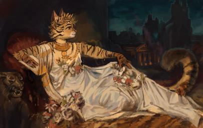 ambiguous_gender anthro bracelet clothing curled_tail detailed_background dress eyelashes fangs flower fur gold_(metal) gold_bracelet gold_jewelry gold_necklace inner_ear_fluff jewelry laurel_wreath necklace orange_body orange_fur pillar plant reclining ring sharp_teeth solo striped_body striped_fur stripes tail teeth tuft whiskers white_clothing white_dress white_inner_ear_fluff white_sclera swollenbabyfat domestic_cat felid feline felis mammal digital_media_(artwork) hi_res