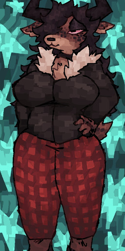 5_fingers anthro antlers black_antlers black_clothing black_hair black_jacket black_topwear bloodshot_eyes bottomwear brown_body brown_fur chest_tuft clothed clothing cyan_background female fingers fluffy fluffy_tail freckled_ears freckled_face freckled_tail freckles fur hair hand_on_hip hooved_toes hooves horn jacket messy_hair pajama_pants pants red_bottomwear red_clothing red_pants simple_background solo tail topwear tuft winter_coat scaliescum deltarune undertale_(series) dess_holiday hi_res