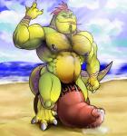 alternate_species anthro balls beach biceps big_balls big_penis detailed_background genitals huge_balls huge_penis hyper hyper_balls hyper_genitalia hyper_penis male muscular muscular_anthro muscular_male nipple_piercing nipples outside penis piercing sand seaside sky solo tattoo thick_penis water werepyre-warrior disney moana maui_(moana) iguana iguanid lizard reptile scalie hi_res