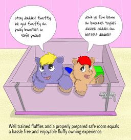 ambiguous_feral ambiguous_gender baby_talk blonde_hair container dialogue duo feral fur grey_eyes hair happy high-angle_view hooves looking_up offscreen_character open_mouth purple_body purple_fur red_hair smile speech_bubble talking_to_another tan_body tan_fur text toy_block young young_ambiguous young_feral carpdime fluffy_pony fluffy_pony_(species) mammal digital_media_(artwork) english_text shaded
