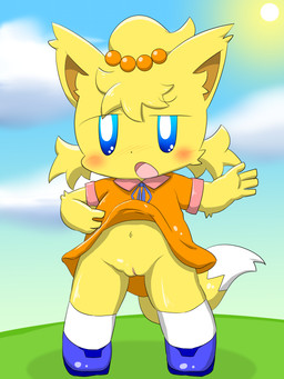 anthro blue_eyes blush clitoris clothed clothing clothing_lift dress dress_lift exposed female fur genitals navel no_underwear outside partially_clothed solo standing sun vulva yellow_body yellow_fur young young_anthro young_female tatwuyan canid canine fox mammal 3:4 absurd_res hi_res