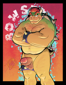anthro balls belly belly_hair biceps body_hair bracelet erection eyebrows foreskin genitals hair horn humanoid_genitalia humanoid_penis jewelry male musclegut muscular necklace overweight pecs penis red_hair retracted_foreskin shell solo spikes standing tail thick_eyebrows dillcresta mario_bros mythology nintendo bowser dragon mythological_creature mythological_scalie reptile scalie turtle absurd_res hi_res