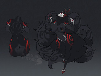action_pose asian black_body black_fur butt female fur markings multi_tail multiple_angles nipple_piercing nipples piercing pose red_markings small_waist solo tail thick_thighs wide_hips velvetveil american_mythology indigenous_north_american_mythology mythology north_american_mythology canid canine fox fox_spirit hybrid mammal wendigo hi_res
